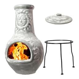 Wiosi Medium Grey Clay Chiminea with Rain Lid and Metal Stand
