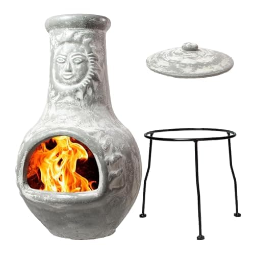 Wiosi Medium Grey Clay Chiminea with Rain Lid and Metal Stand