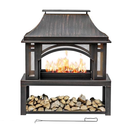 Panovue 39" Fire Pit with Outdoor Chimney and Wood Storage