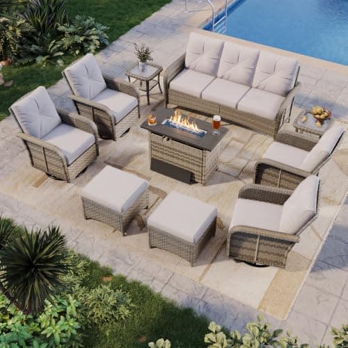 Aoxun 10-Piece Wicker Rattan Set with 44" Fire Pit Table