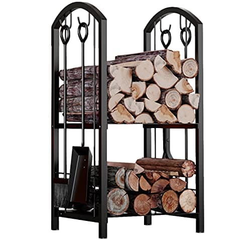 Fire Beauty Wrought Iron Firewood Log Rack with 4-Piece Fireplace Tools