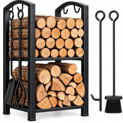 FEED GARDEN Firewood Rack Log Holder with 4-Piece Fireplace Tool Set, 29 in H