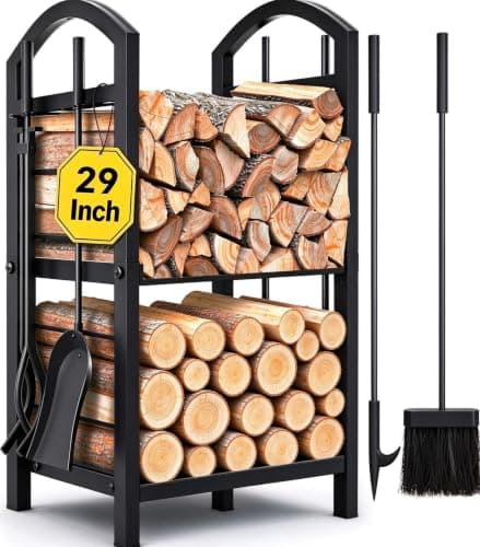 AMAGABELI GARDEN & HOME 29 in Firewood Rack with 5-Piece Fireplace Tool Set