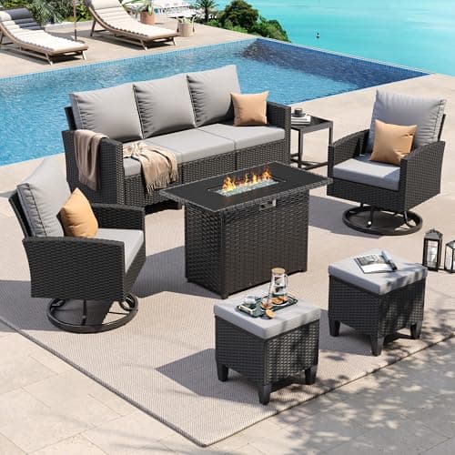 UDPATIO 7-Piece Fire Table Set with Swivel Chairs