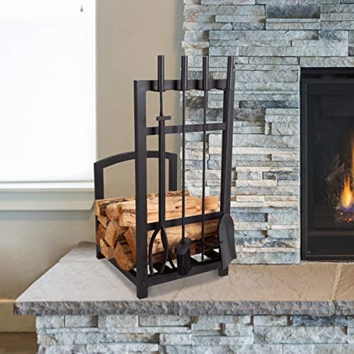 Lavish Home Fireplace Tool Set and Log Rack, Matte Black, 5-Piece