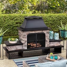 Sunjoy Outdoor Wood Burning Fireplace with Steel Chimney and Spark Screen Doors