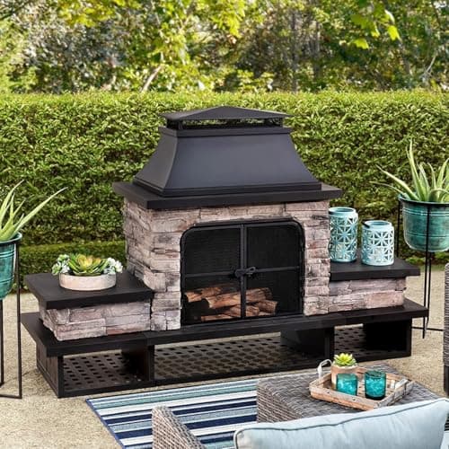 Sunjoy Outdoor Wood Burning Fireplace with Steel Chimney and Spark Screen Doors